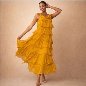 100% Silk Boho Festival Mustard Tiered Ruffle Maxi Dress Flowy Sleeveless Dress
